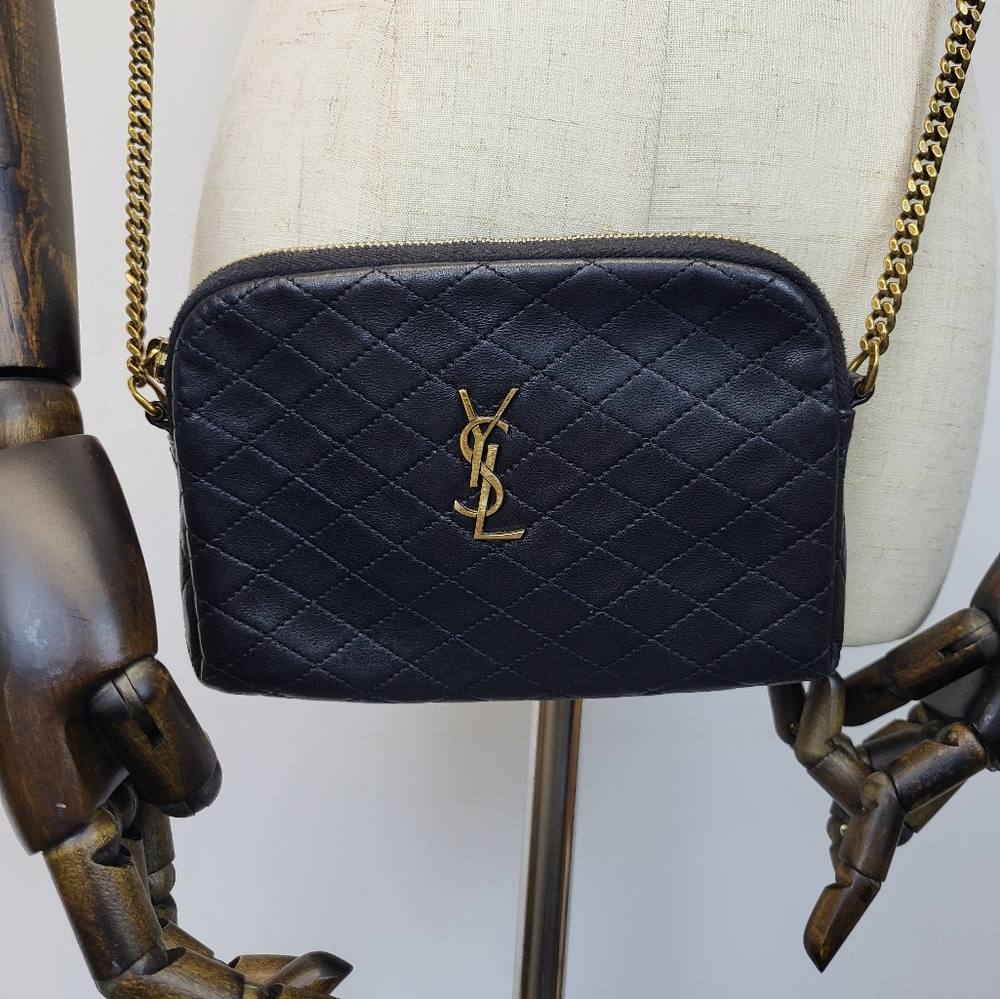 SAINT LAURENT Lambskin Quilted Gaby Zipped Pouch Black Bag